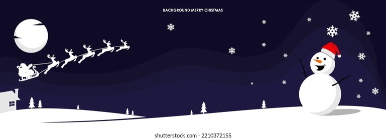 Saint Nicholas Day and copy space area. winter landscape at night with flying santa clous and toy snowman wearing red hat. Merry Christmas Background, banner, flyer, Website, Leaflet, Greeting card