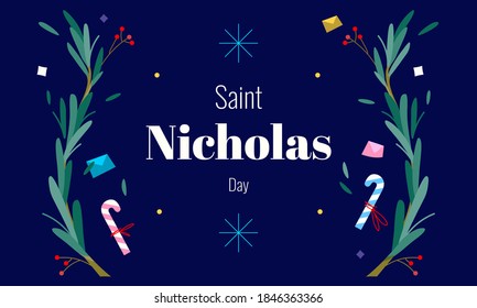 Saint Nicholas Day - December 6th - horizontal banner template decorated with branches of yew tree and candy canes. Traditional holidays of Western Christian countries.