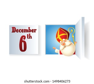 Saint Nicholas day at December on Advent calendar - closed and opened window - vector illustration isolated on transparent background