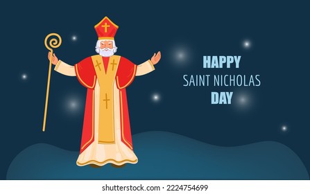 Saint Nicholas day greeting card. Banner on dark night background. Vector dppdle cartoon illustration.