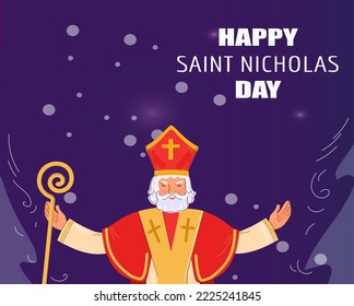 Saint Nicholas day greeting card. Banner on dark night background. Vector dppdle cartoon illustration.