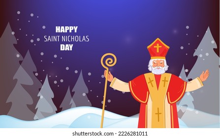 Saint Nicholas day greeting card. Banner on dark night background. Vector dppdle cartoon illustration.
