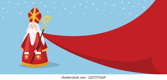 Saint Nicholas day greeting card, invitation. Winter web banner with Sinterklaas, man with beard, mitre and long red coat. Blue background with falling snow. Czech, Slovak and Dutch tradition.