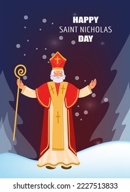 Saint Nicholas day greeting card. Banner on dark night background. Vector dppdle cartoon illustration.