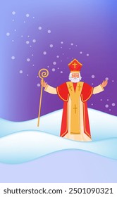 Saint Nicholas day greeting card. Banner on dark night background. Vector dppdle cartoon illustration.