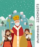 Saint Nicholas Day. Hand drawn vector illustration.Winter Christian holiday for children. Happy St. Nicholas day. Saint Nicholas with angels. Cute cartoon character.Hand drawn vector illustration.