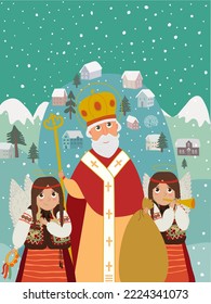 Saint Nicholas Day. Hand drawn vector illustration.Winter Christian holiday for children. Happy St. Nicholas day. Saint Nicholas with angels. Cute cartoon character.Hand drawn vector illustration.