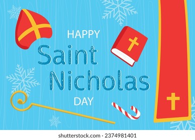 Saint Nicholas Day. Horizontal banner with attributes of Saint Nicholas, hat, bible, candy, staff. Traditional holidays of Christian countries.