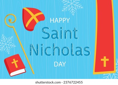 Saint Nicholas Day. Horizontal banner with attributes of Saint Nicholas, hat, bible, candy, staff. Traditional holidays of Christian countries. Sinter klaas