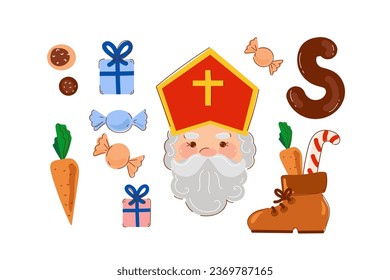 Saint Nicholas day icons. Sinterklaas Dutch holiday set icon.Sinterklaas's face, gift boxes, carrot, candies,  cookies, chocolate and shoe. Cartoon vector illustration.