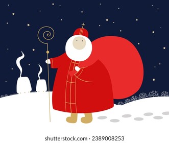 Saint Nicholas day. Illustration of the Saint Nicholas with a sack of gifts in the Ukrainian village