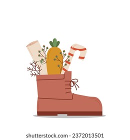 Saint Nicholas Day. Shoe with carrot, note, lollipop candy on a white background. Vector flat illustration.