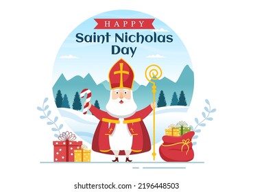 Saint Nicholas Day or Sinterklaas Celebration Template Hand Drawn Cartoon Flat Illustration with Gift Box and Winter Background Design