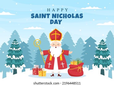 Saint Nicholas Day or Sinterklaas Celebration Template Hand Drawn Cartoon Flat Illustration with Gift Box and Winter Background Design