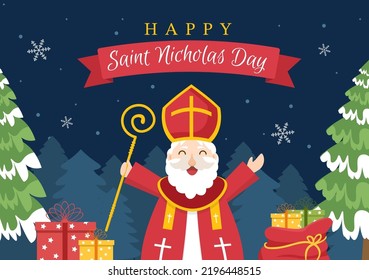 Saint Nicholas Day or Sinterklaas Celebration Template Hand Drawn Cartoon Flat Illustration with Gift Box and Winter Background Design