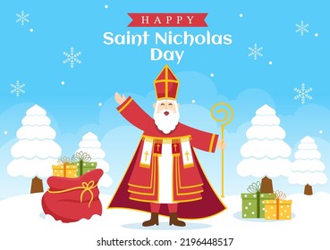 Saint Nicholas Day or Sinterklaas Celebration Template Hand Drawn Cartoon Flat Illustration with Gift Box and Winter Background Design