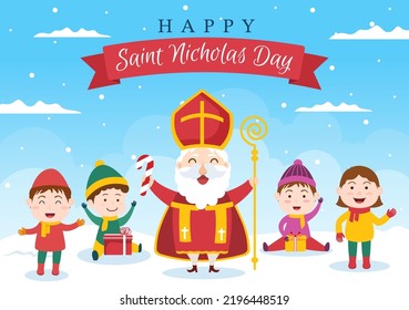Saint Nicholas Day or Sinterklaas Celebration Template Hand Drawn Cartoon Flat Illustration with Gift Box and Winter Background Design
