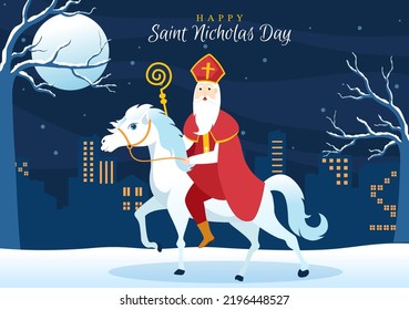 Saint Nicholas Day or Sinterklaas Celebration Template Hand Drawn Cartoon Flat Illustration with Gift Box and Winter Background Design