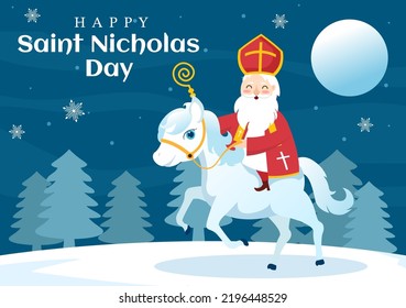 Saint Nicholas Day or Sinterklaas Celebration Template Hand Drawn Cartoon Flat Illustration with Gift Box and Winter Background Design