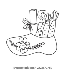 Saint Nicholas Day - Sinterklaas - Dutch Santa holiday - traditional boots with gifts, carrots and cookie, letter S. Cute children black and white contour drawing. Coloring page vector illustration