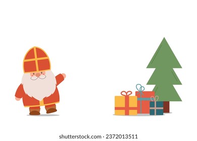 Saint Nicholas Day. Sinterklaas Eve. Cute character gnome, christmas tree, gifts box on white background. Winter holiday day. Vector flat illustration.