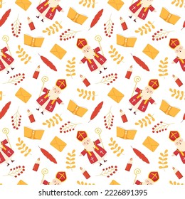 Saint Nicholas Day or Sinterklaas Seamless Pattern with Gift Box and Winter Template Background Hand Drawn Cartoon Flat Illustration