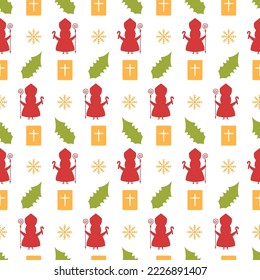 Saint Nicholas Day or Sinterklaas Seamless Pattern with Gift Box and Winter Template Background Hand Drawn Cartoon Flat Illustration
