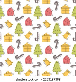 Saint Nicholas Day or Sinterklaas Seamless Pattern with Gift Box and Christmas Template Background Hand Drawn Cartoon Flat Illustration