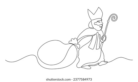 Saint Nicholas Day. St. Nicolas carries a bag of gifts. Continuous line drawing.