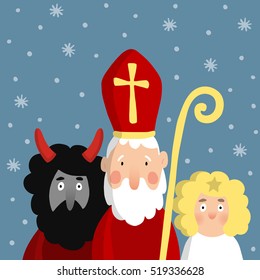  Saint Nicholas with devil and angel. Christmas invitation card, vector illustration.