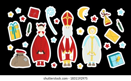 Saint Nicholas, devil and angel. Saint Nicholas Day stickers. Elements for the holiday. Gift, surprise, fir branches.