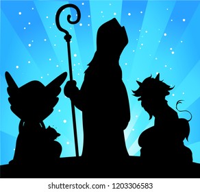 Saint Nicholas, Devil and Angel Silhouette Vector Illustration