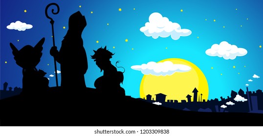 Saint Nicholas, Devil and Angel Silhouette Banner Vector Illustration