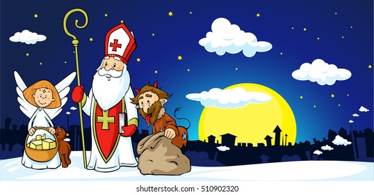 Saint Nicholas, devil and angel in town - vector illustration .During the Christmas season they are warning and punishing bad children and give gifts to good children.