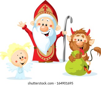 Saint Nicholas, devil and angel - vector illustration isolated on white background. During the Christmas season they are warning and punishing bad children and give gifts to good children. 