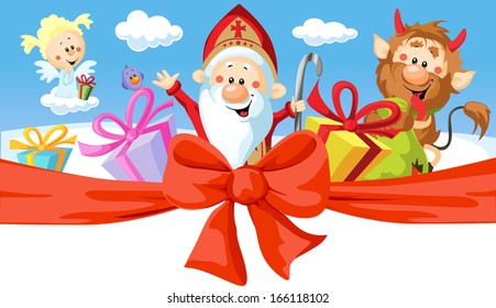 Saint Nicholas, devil and angel - vector illustration isolated on white background. Horizontal design