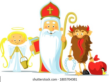 Saint Nicholas, Devil and Angel - Vector Illustration Isolated on White Background. During the Christmas Season they are Warning and Punishing Bad Children and Give Gifts to Good Children.