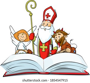 Saint Nicholas, devil and angel - vector illustration isolated on white background. Standing over the Book of Sins