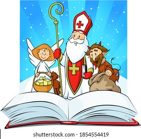 Saint Nicholas, devil and angel - vector illustration isolated on white background.