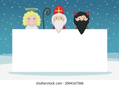 Saint Nicholas, devil and angel - vector illustration, winter background, christmas card