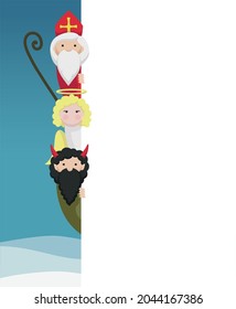 Saint Nicholas, devil and angel - vector illustration, winter background, christmas card