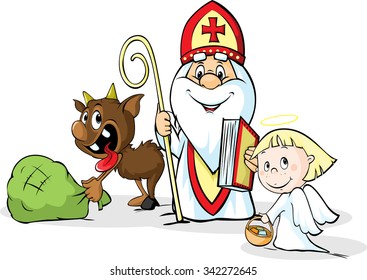 Saint Nicholas, devil and angel - vector illustration isolated on white background. During the Christmas season they are warning and punishing bad children and give gifts to good children.