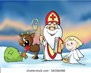 Saint Nicholas, devil and angel - vector illustration.  During the Christmas season they are warning and punishing bad children and give gifts to good children.