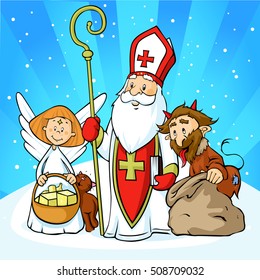 Saint Nicholas, devil and angel - vector illustration  with blue sky .During the Christmas season they are warning and punishing bad children and give gifts to good children.