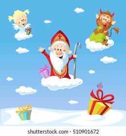 Saint Nicholas, devil and angel - vector illustration with blue sky .During the Christmas season they are warning and punishing bad children and giving gifts to good children.