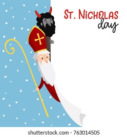 Saint Nicholas with devil and falling snow. Cute Christmas invitation card, web banner with blank list of paper.  Vector illustration background.