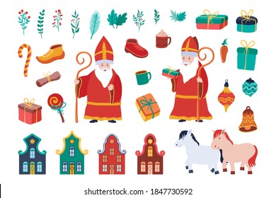 Saint nicholas elements set. hand drawn flat design, isolated on white background