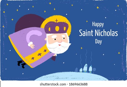 Saint Nicholas Flying over the snowy hill postcard