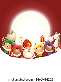 Saint Nicholas and friends celebrate holiday in front of moon - red background with copy space