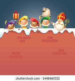 Saint Nicholas and friends on board - happy cute characters celebrate Dutch holidays on snowy wall - vector illustration